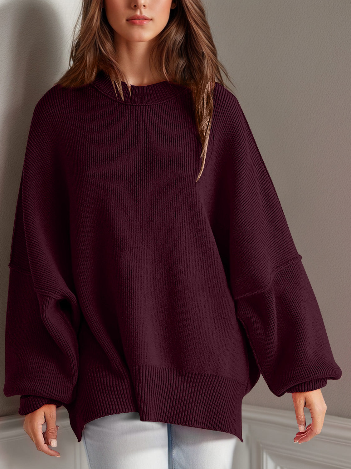 Side Slit Long Sleeve Sweater-12 Colors