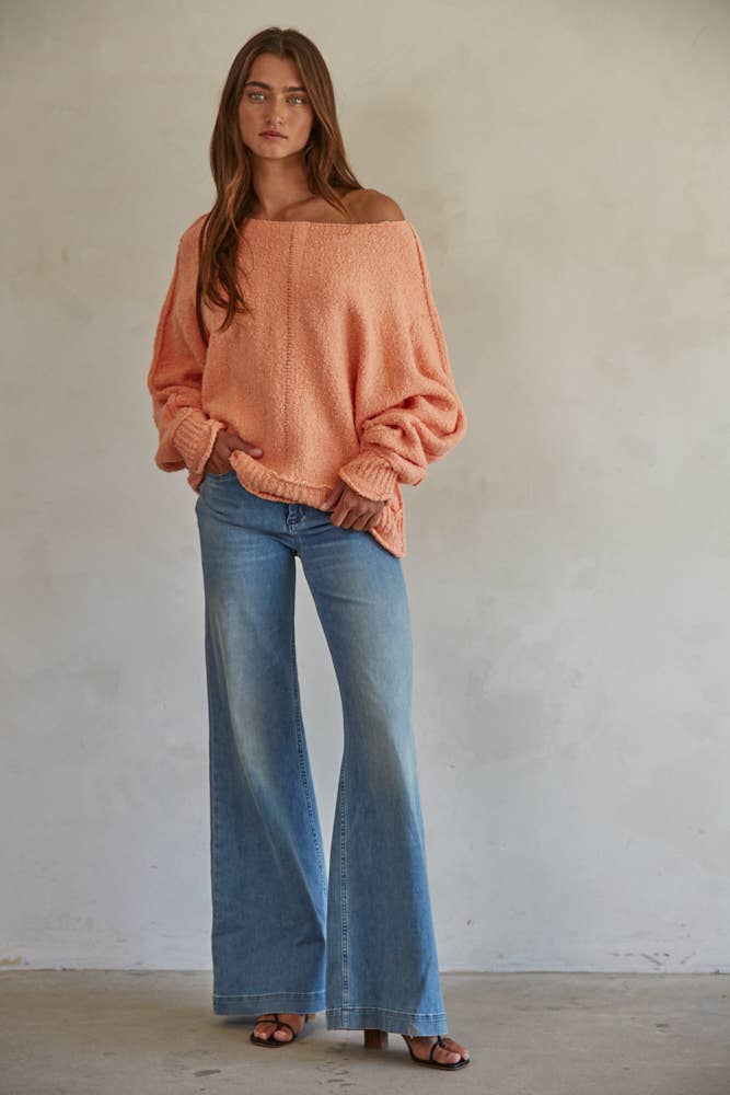 W1768 | Knit Sweater Cotton Nylon Boat Neck Pullover: Dusty Coral / S