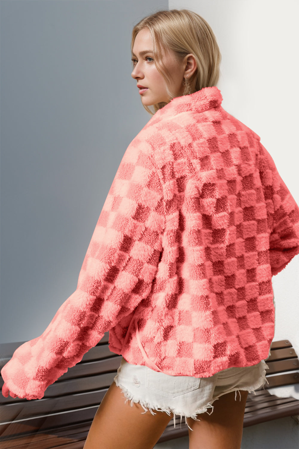 Checkered Fuzzy Jacket- 2 Colors (Strawberry, Camel)