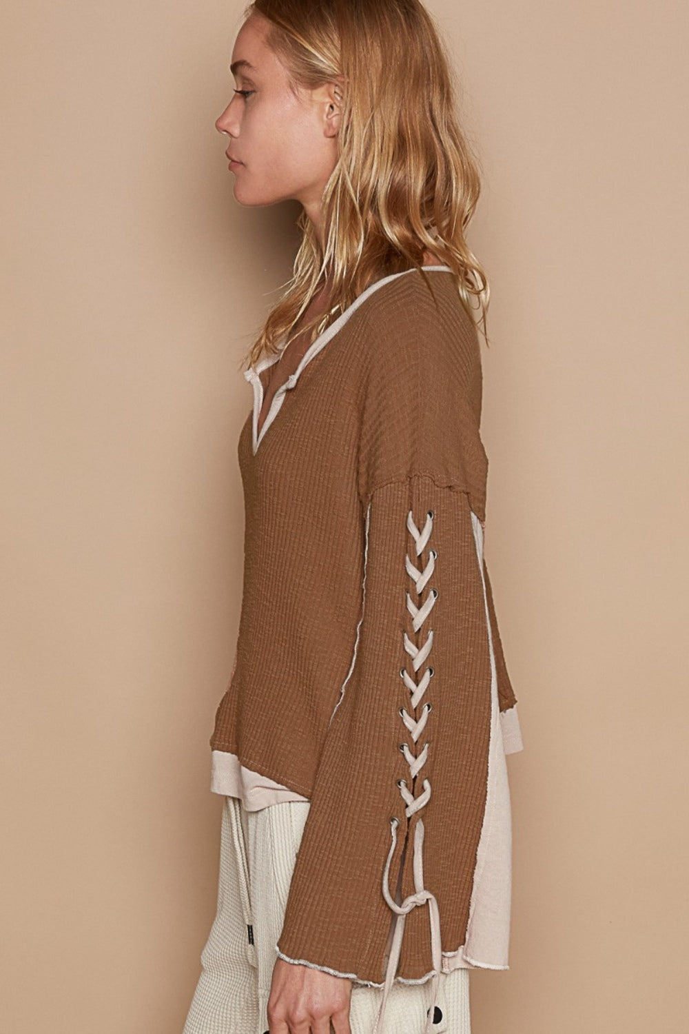 Lace-Up Sleeve Knit Top- Milk Chocolate