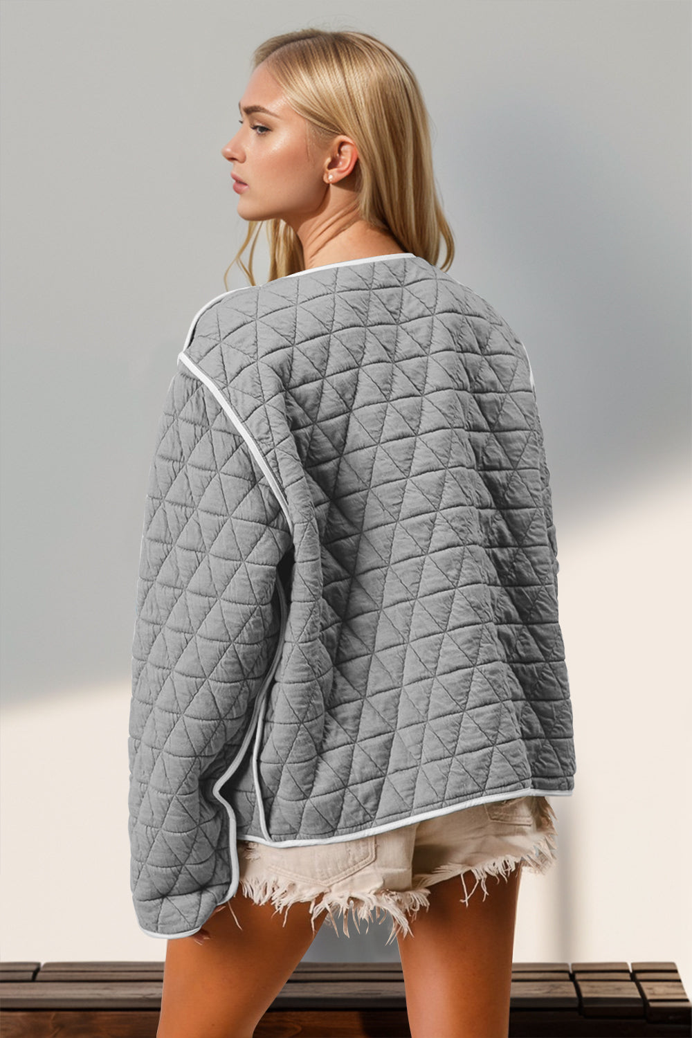 Contrast Trim Tie Front Quilted Jacket with Pockets- Gray