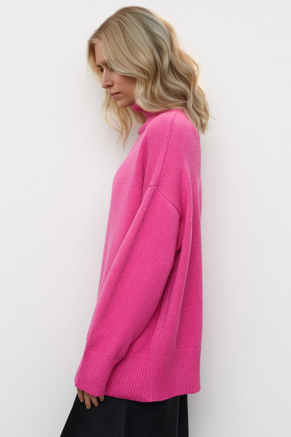 Turtleneck Dropped Shoulder Sweater- 3 Colors (Hot Pink, Blush, White)