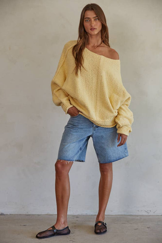 W1768 | Knit Sweater Cotton Nylon Boat Neck Pullover: Dusty Yellow / S