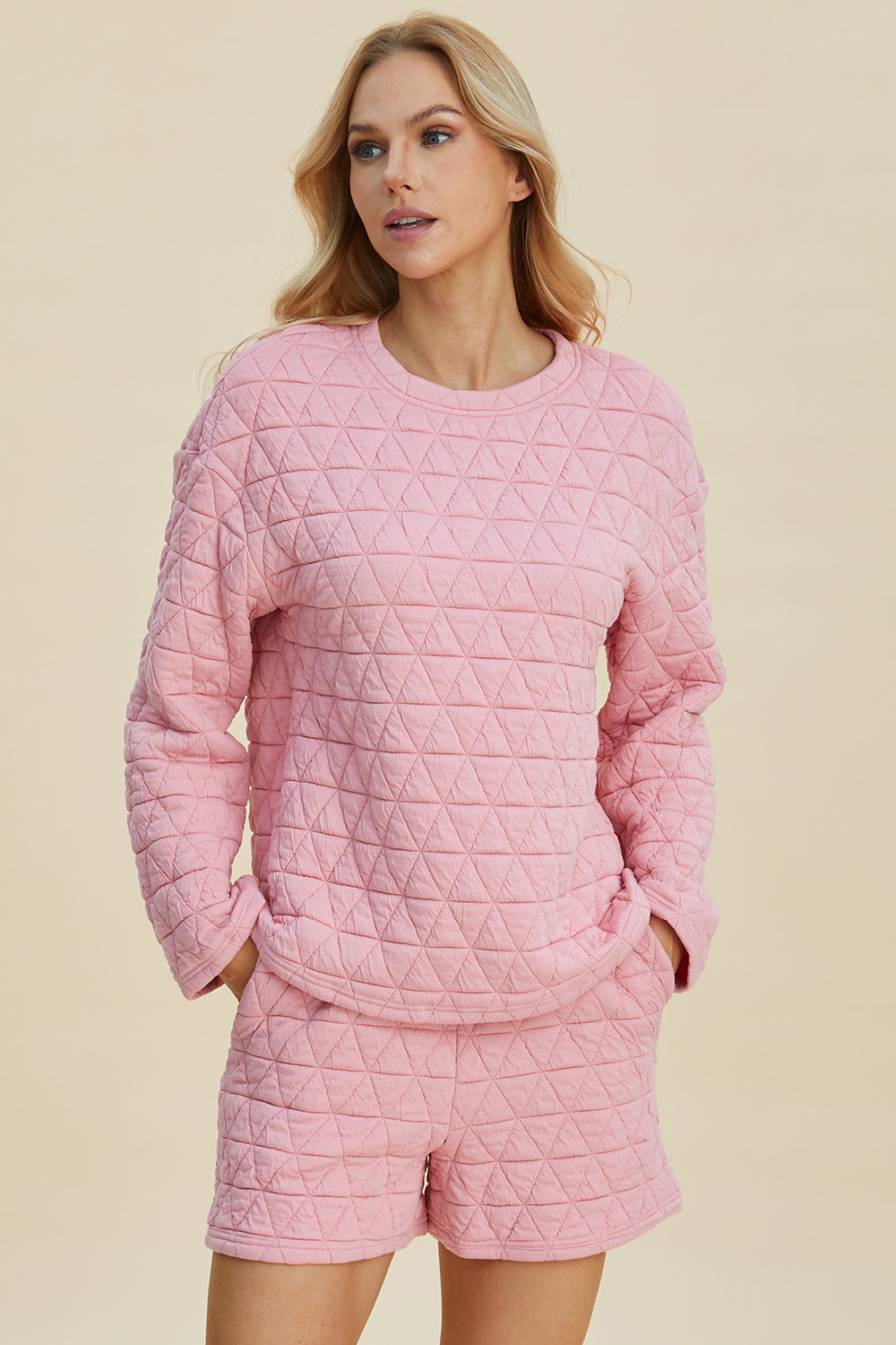 Texture Long Sleeve Top and Shorts Set- 3 Colors (Pink, Black, Coffee)