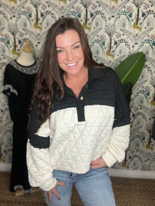 Quarter Button Contrast Long Sleeve Quilted Sweatshirt