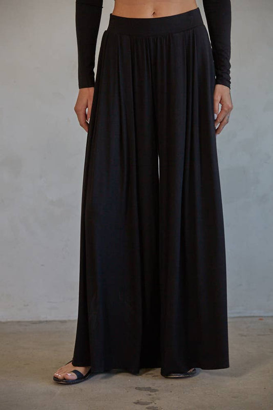 RJ3129 | Knit Polyester Spandex Wide Leg Pants: Black / S