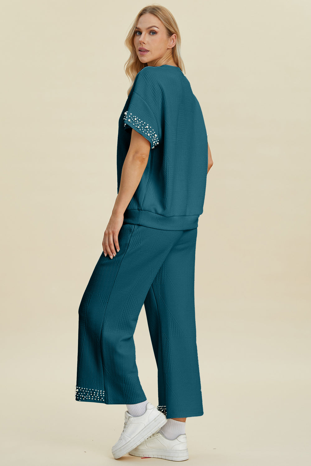 Pearl Detail Top and Pants Set- 3 Colors (Black, Cream, Deep Teal)