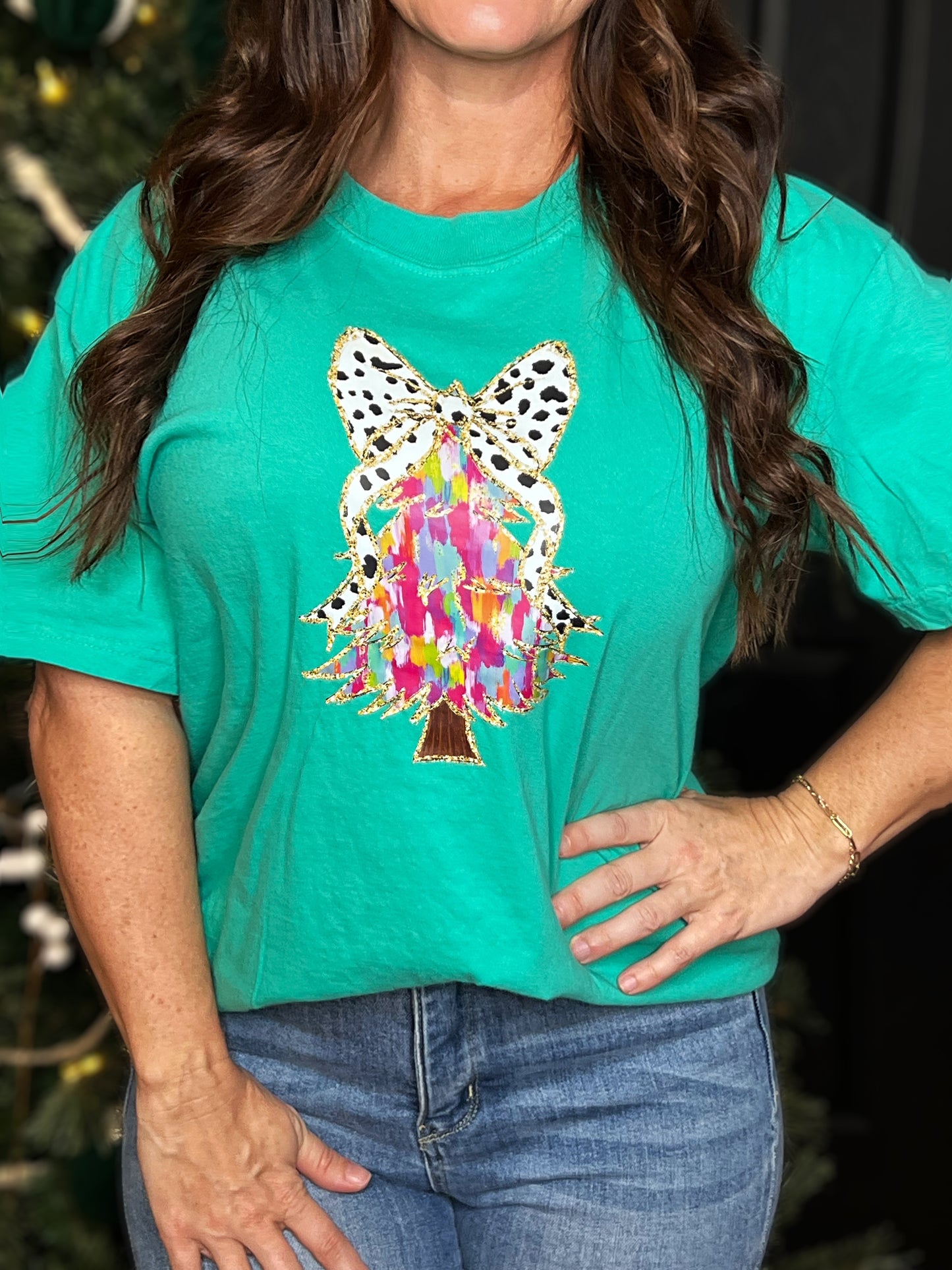 Multicolor Tree w/Polka Dot Bow on Teal - Tee, Long sleeve or Sweatshirt