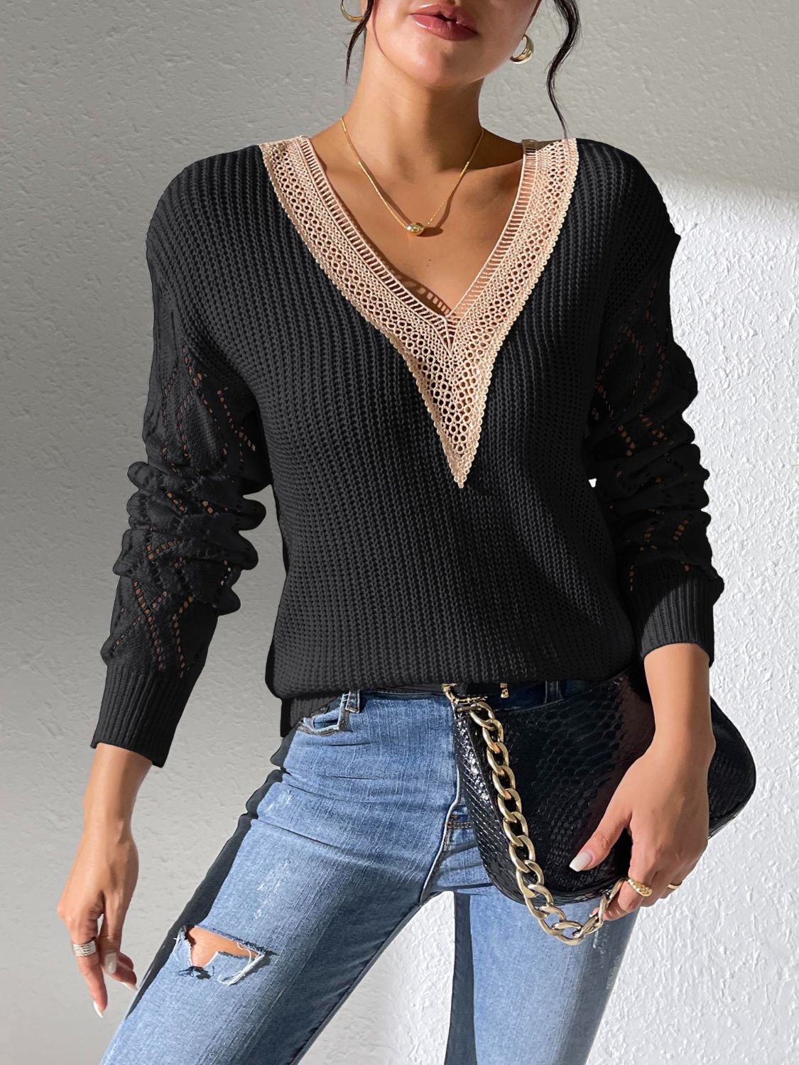 Openwork V-Neck Long Sleeve Sweater- 5 Colors (White, Black, Dark Blue, Strawberry, Lime)