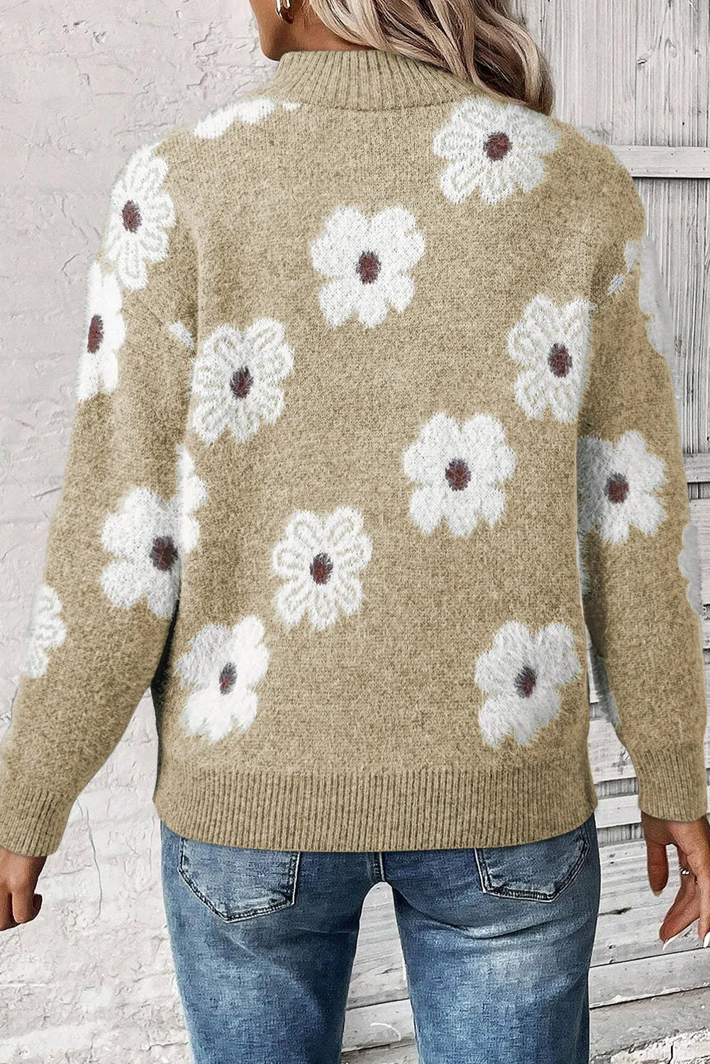 4 Colors- Floral Half Zip Long Sleeve Sweater