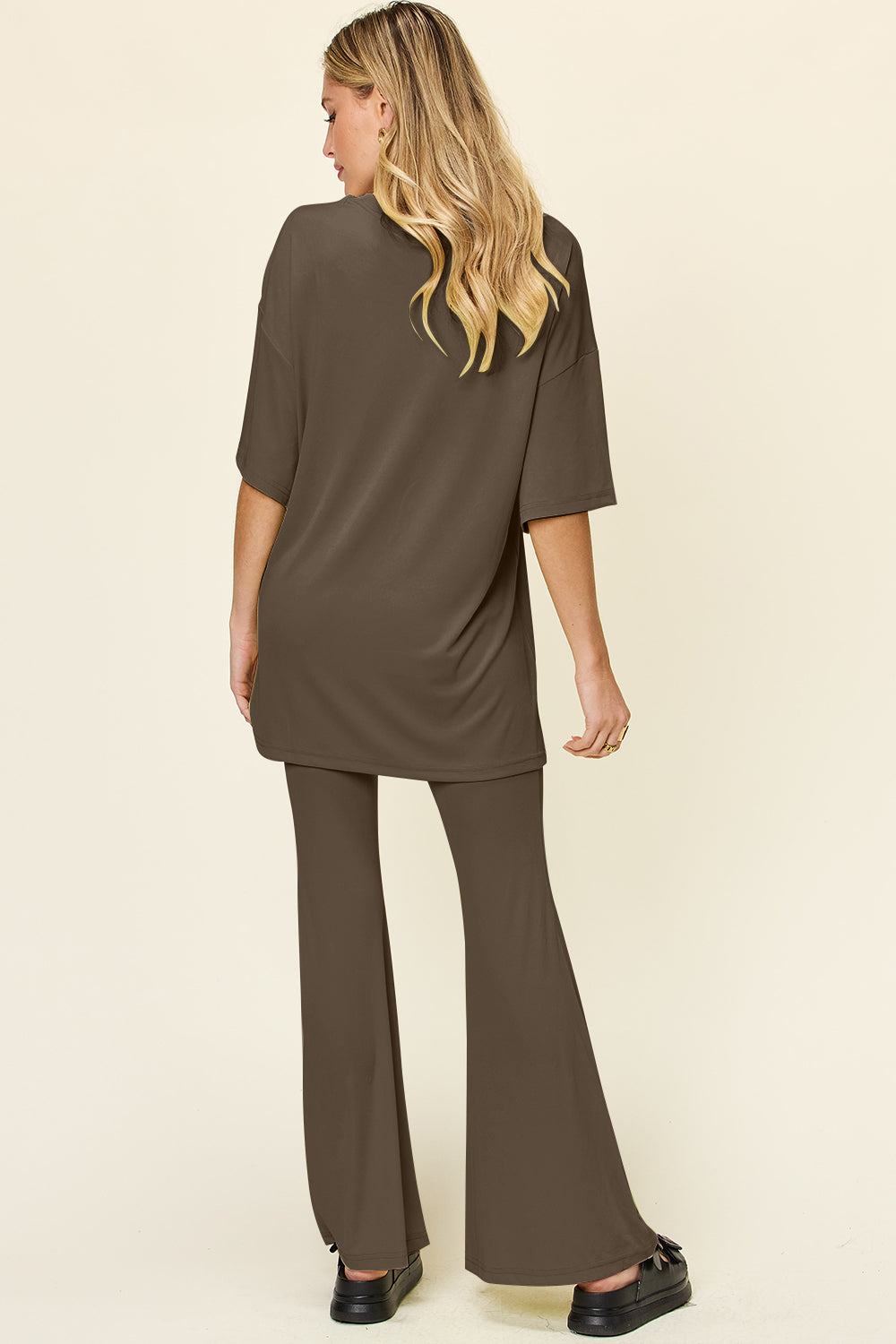 Drop Shoulder T-Shirt and Flare Pants Set- 6 Colors (Black, Mocha, Dusty Pink, Light Grey, Lavender, Deep Red)