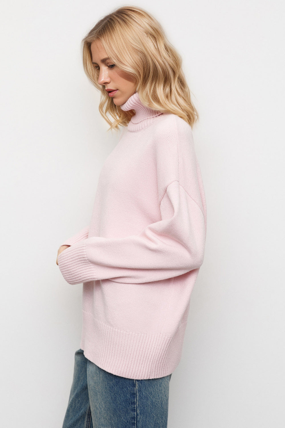 Turtleneck Dropped Shoulder Sweater- 3 Colors (Hot Pink, Blush, White)