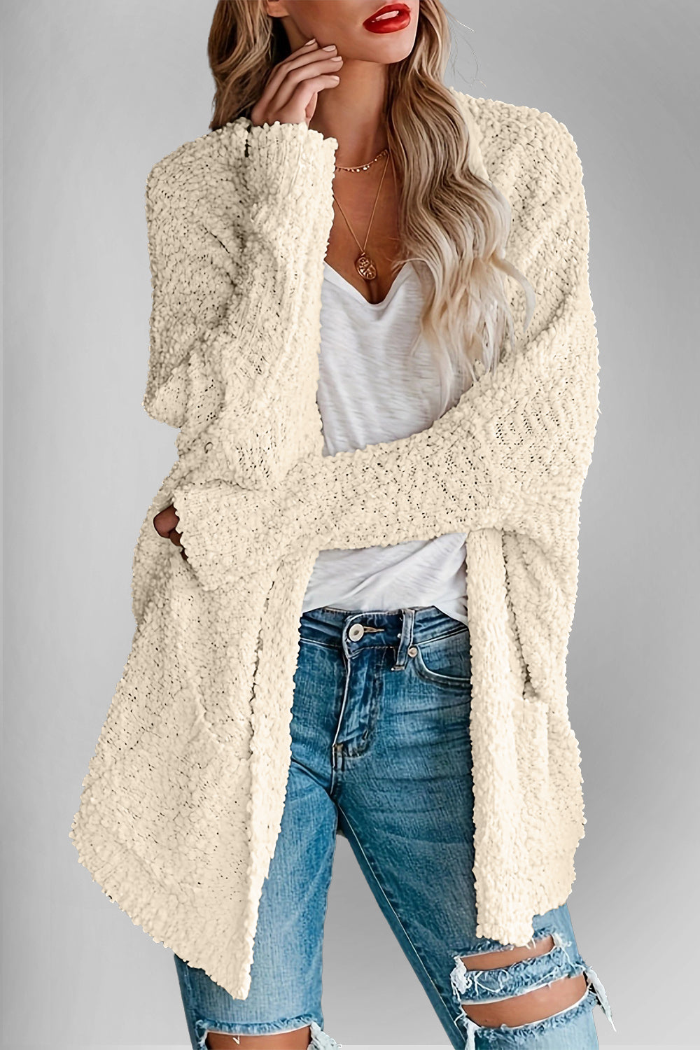 Pocketed Open Front Cardigan- 6 Colors (Cream, White, Black, Green, Rose, Pink)