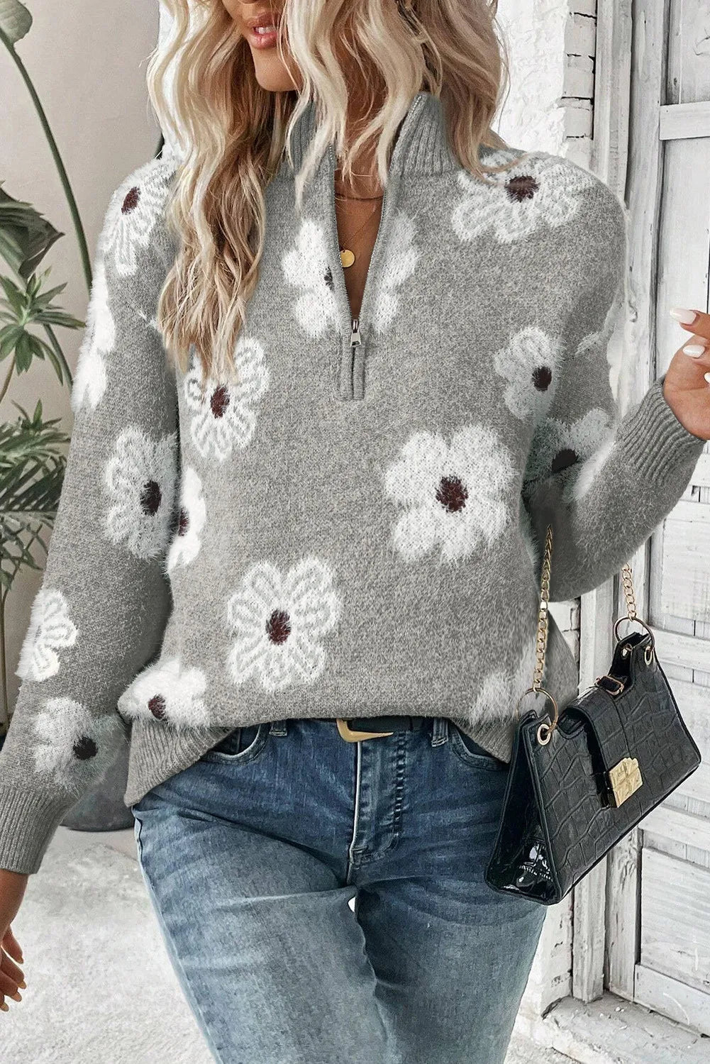 4 Colors- Floral Half Zip Long Sleeve Sweater