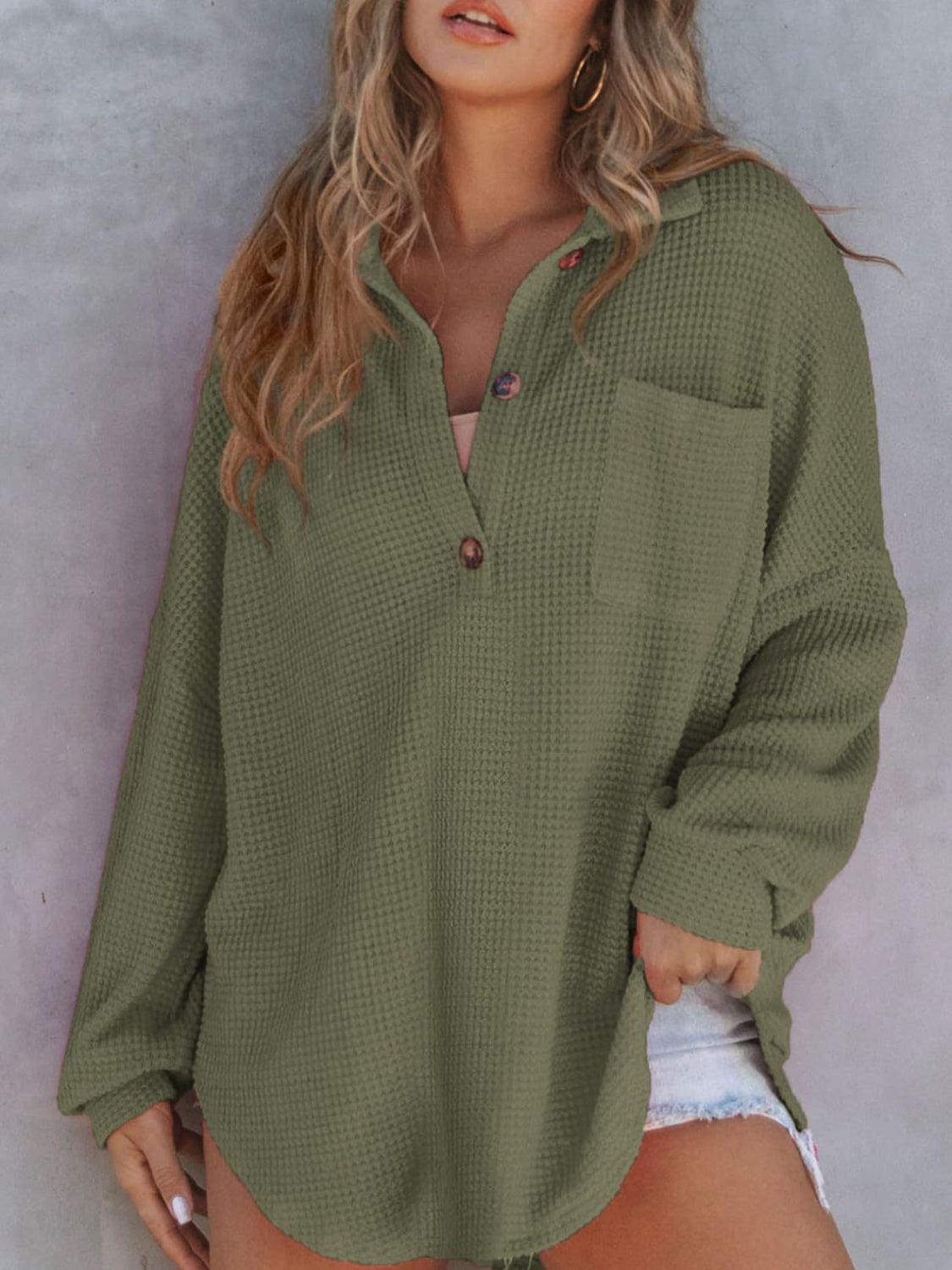 Change in Temperature Waffle Sweatshirt- 5 Colors (Khaki, Army Green, Deep Rose, Black, Dusty Blue)