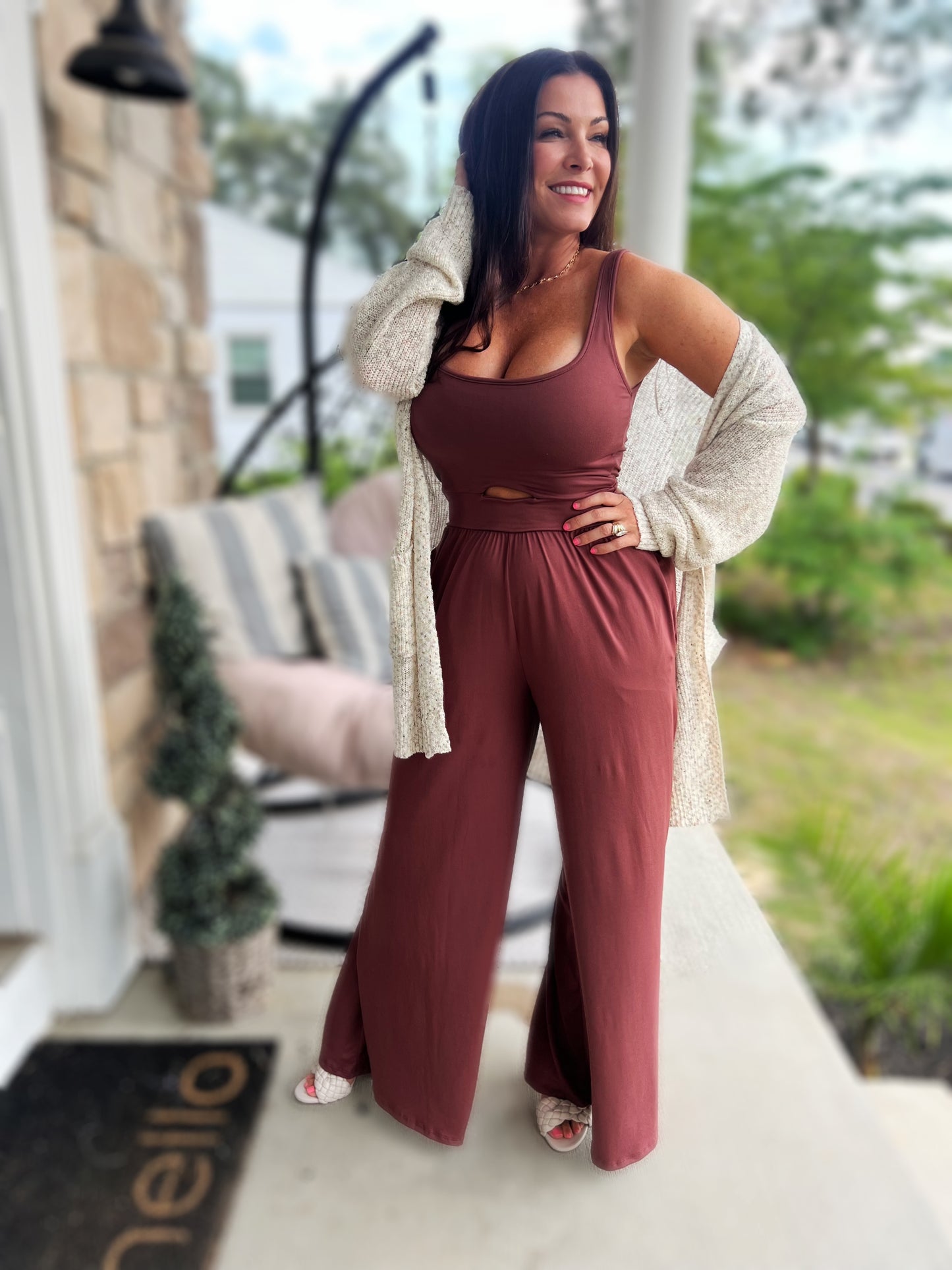 Tank Jumpsuit w/ Built in Bra- Rust Mocha Brown