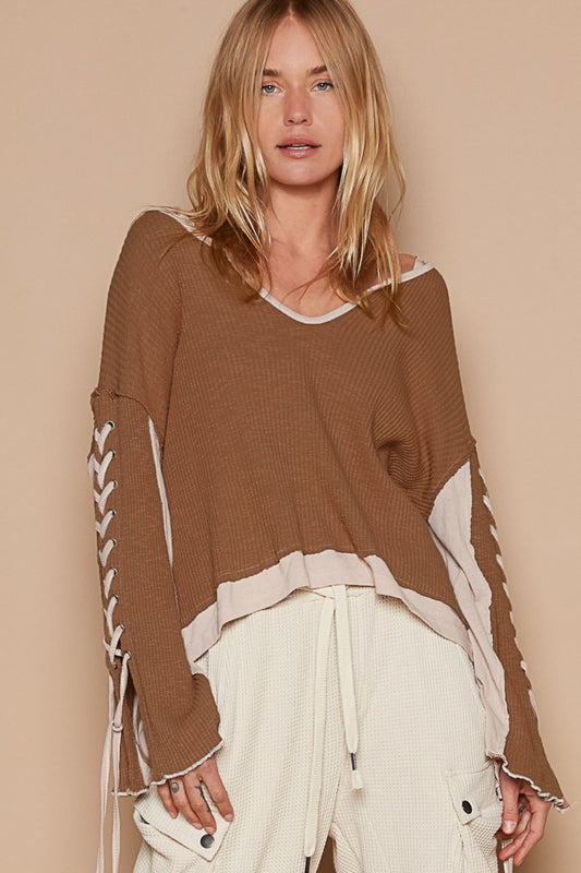 Lace-Up Sleeve Knit Top- Milk Chocolate