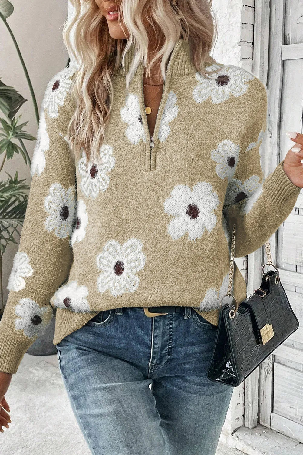 4 Colors- Floral Half Zip Long Sleeve Sweater