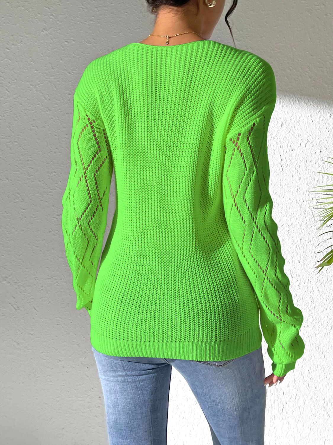 Openwork V-Neck Long Sleeve Sweater- 5 Colors (White, Black, Dark Blue, Strawberry, Lime)