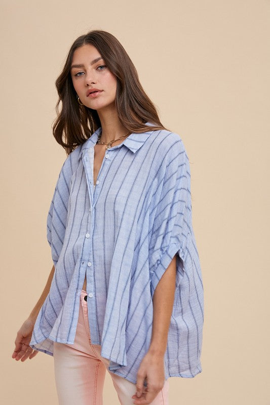 Annie Wear Striped Button Up Top- Baby Blue