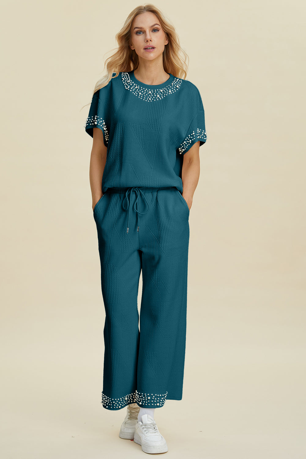 Pearl Detail Top and Pants Set- 3 Colors (Black, Cream, Deep Teal)