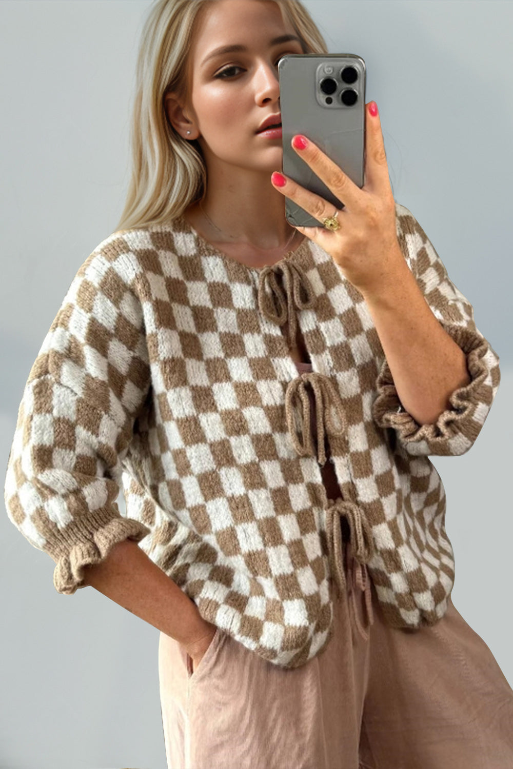 Tied Checkered Dropped Shoulder Cardigan- 7 Colors