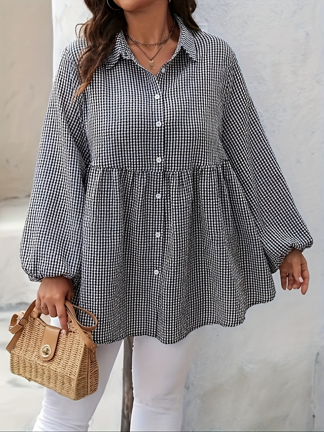 Plus Size Plaid Collared Neck Long Sleeve Shirt