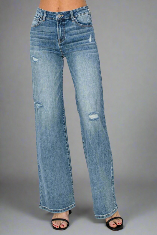 RISEN Distressed Wide Leg Jeans