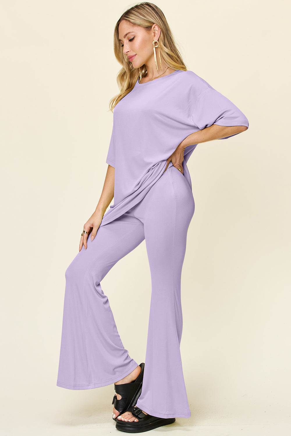 Drop Shoulder T-Shirt and Flare Pants Set- 6 Colors (Black, Mocha, Dusty Pink, Light Grey, Lavender, Deep Red)