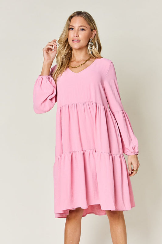 V-Neck Balloon Sleeve Tiered Dress with Pockets- 5 Colors (Pink, Coral, Black, Light Green, Light Blue)