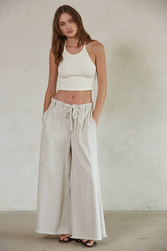 BD297 | Cotton Denim Wide Leg Pants: Stone / S