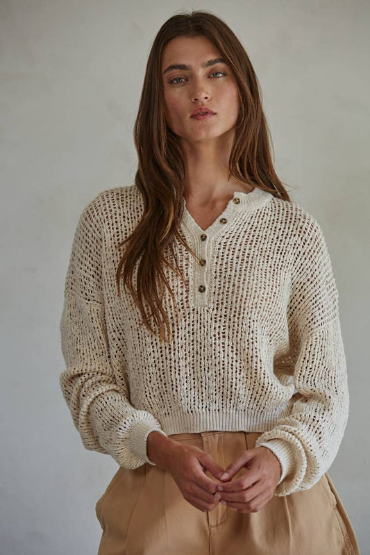 Swept Away Knit Henley Top- Natural 1742