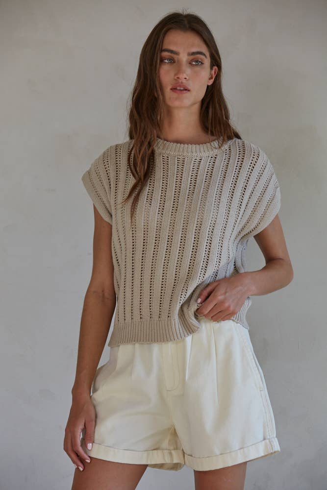 W1503 | Knit Sweater Round Neck Short Sleeve Top: Taupe Grey / S