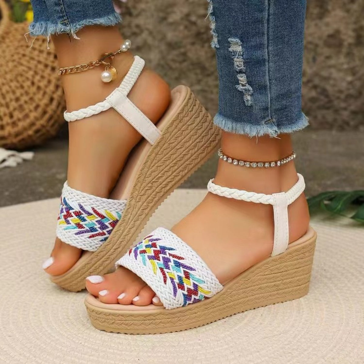 2 Colors- Open Toe Wedge Woven Sandals