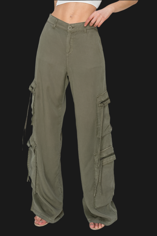 Wide Leg Cargo Pants- Olive