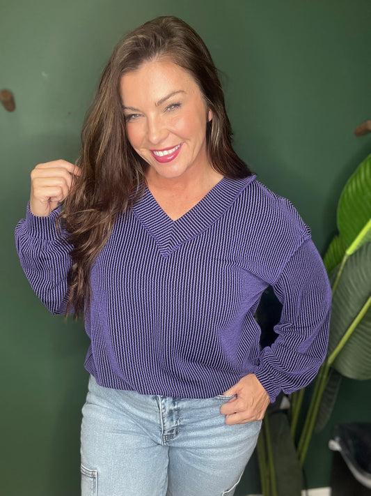 Exposed Seam Ribbed Textured V-Neck Long Sleeve T-Shirt- Purple