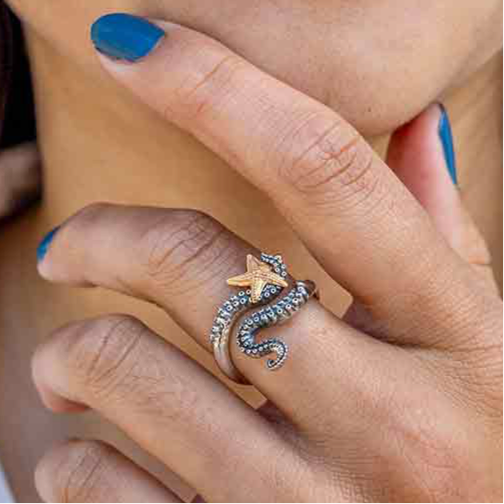 Sterling Silver Adjustable Octopus Ring with Bronze Starfish