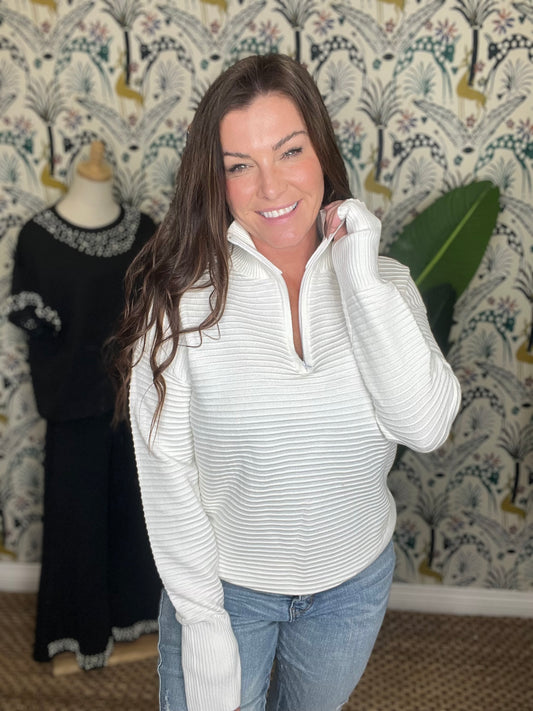 Half Zip Long Sleeve Knit Top- 7 Colors (White, Black, Moss, Khaki, Navy, Camel, Cream)