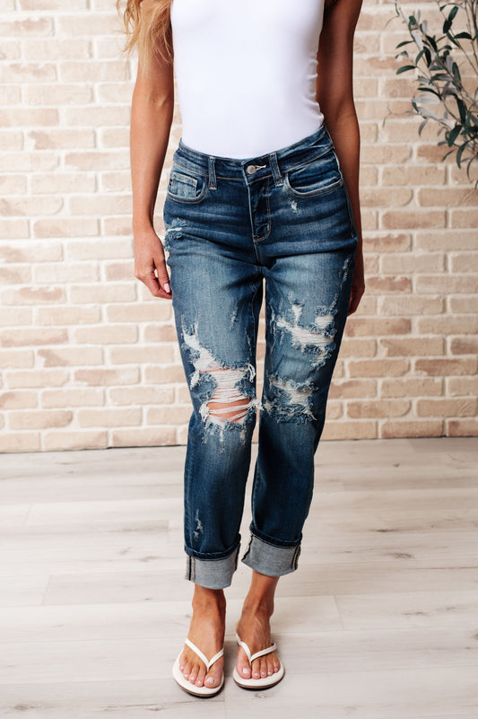 The Bethany- Mid Rise Cuffed Destroyed Boyfriend Jeans