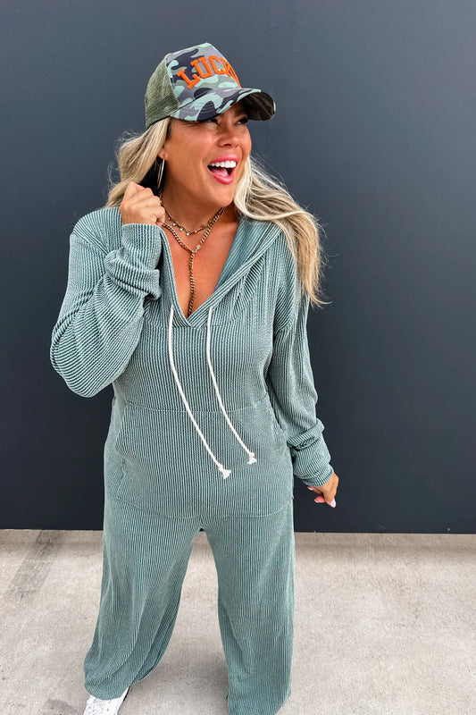 Ribbed Hayden Hoodie Jumpsuit- Moss