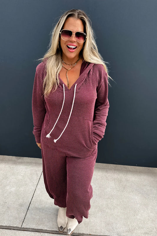 Ribbed Hayden Hoodie Jumpsuit- Chocolate Wine