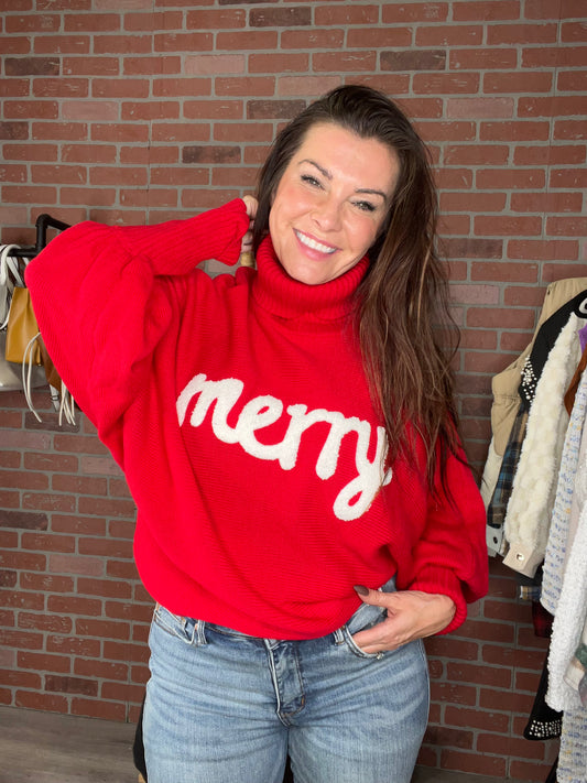 Merry Christmas Turtleneck Sweater- 3 Colors (Dark Green, Pastel Blue, Red)