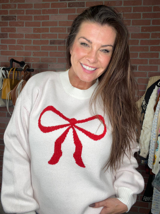 Red Bow Long Sleeve Sweater- 4 Colors (White, Blush, Black, Tan)