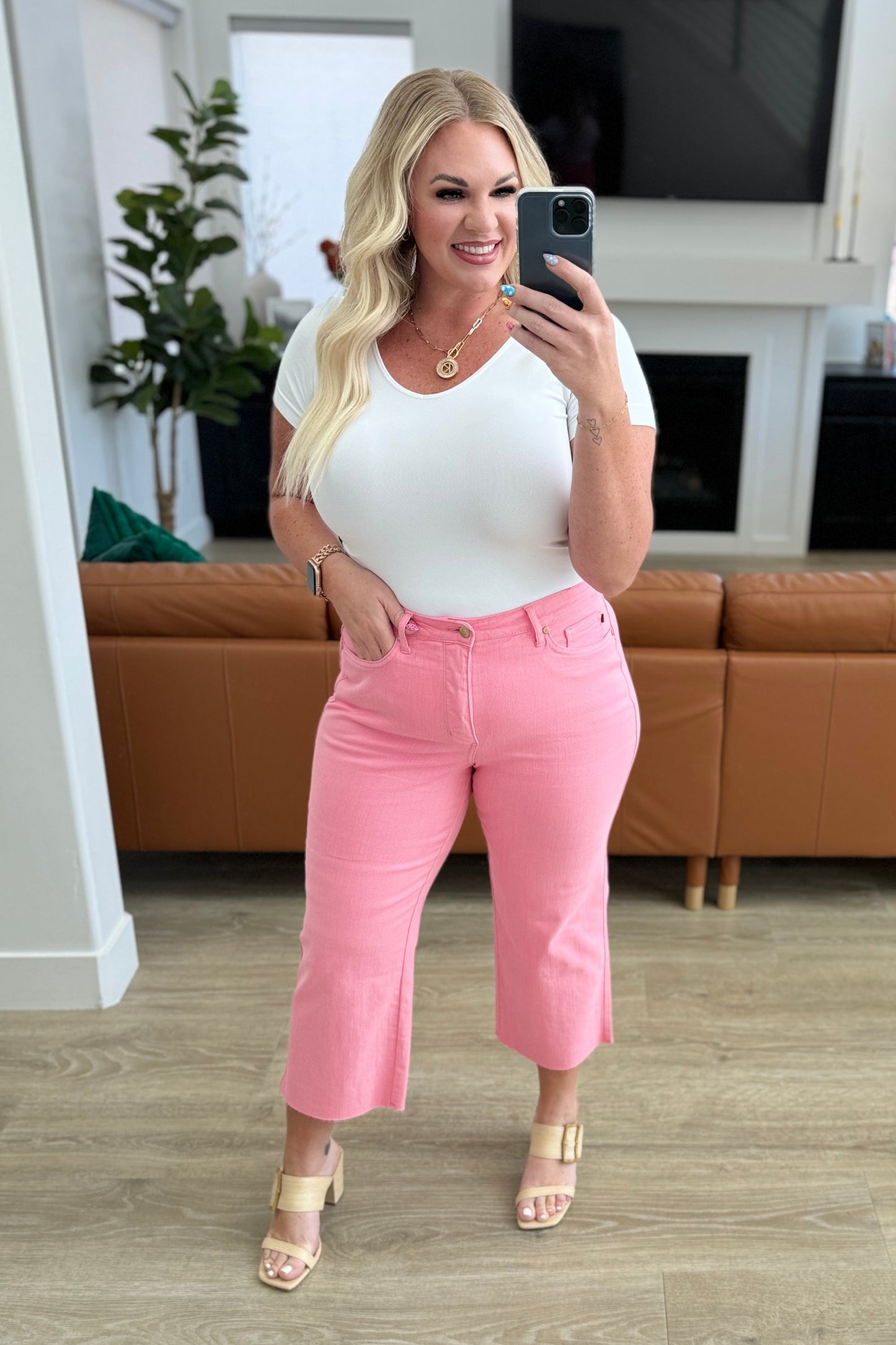 Pink Tummy Control Wide Leg Crop Judy Blue Jeans