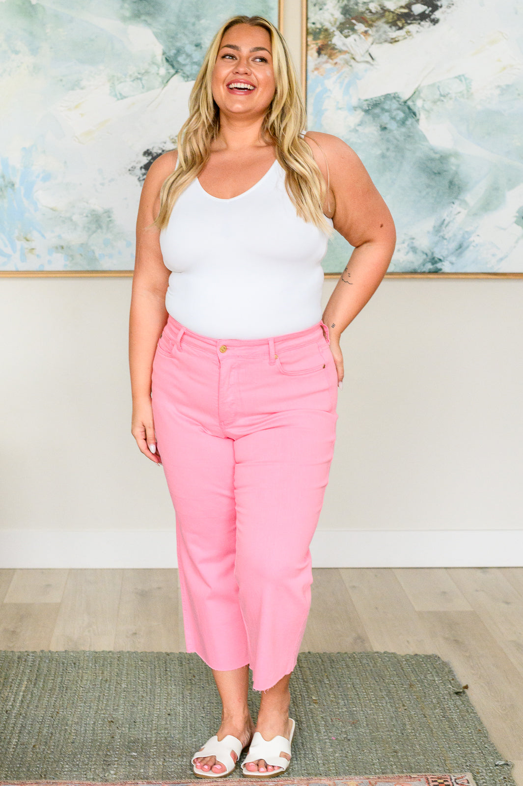 Pink Tummy Control Wide Leg Crop Judy Blue Jeans