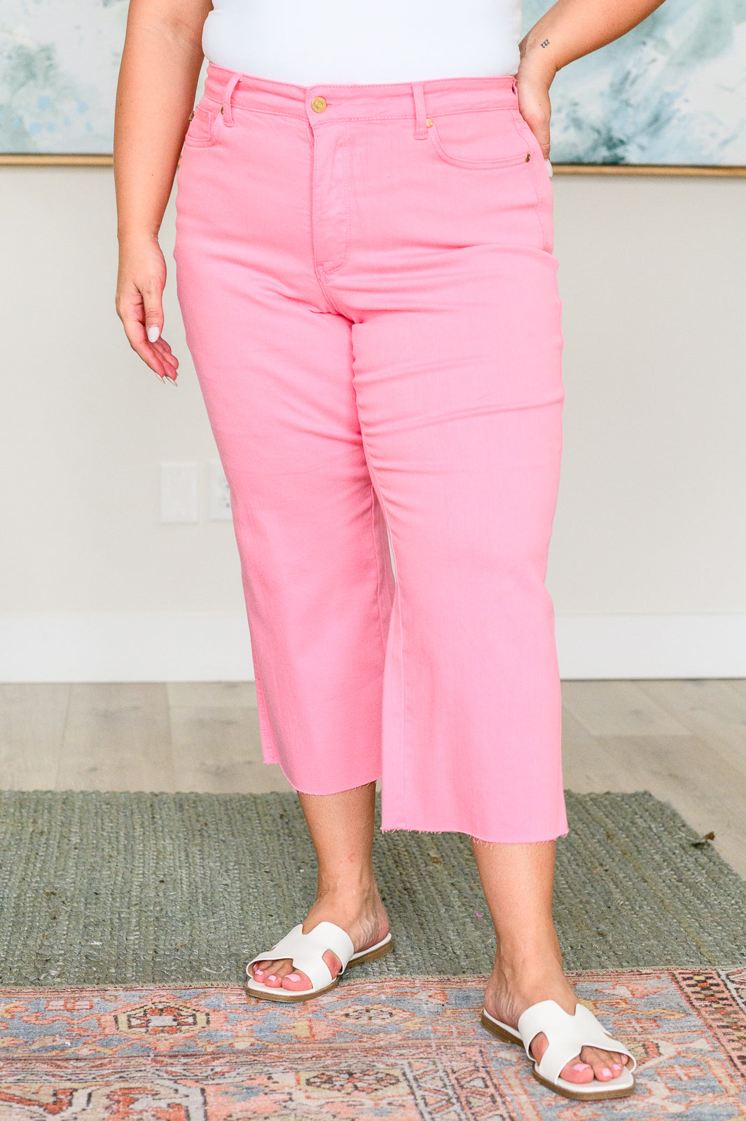 Pink Tummy Control Wide Leg Crop Judy Blue Jeans