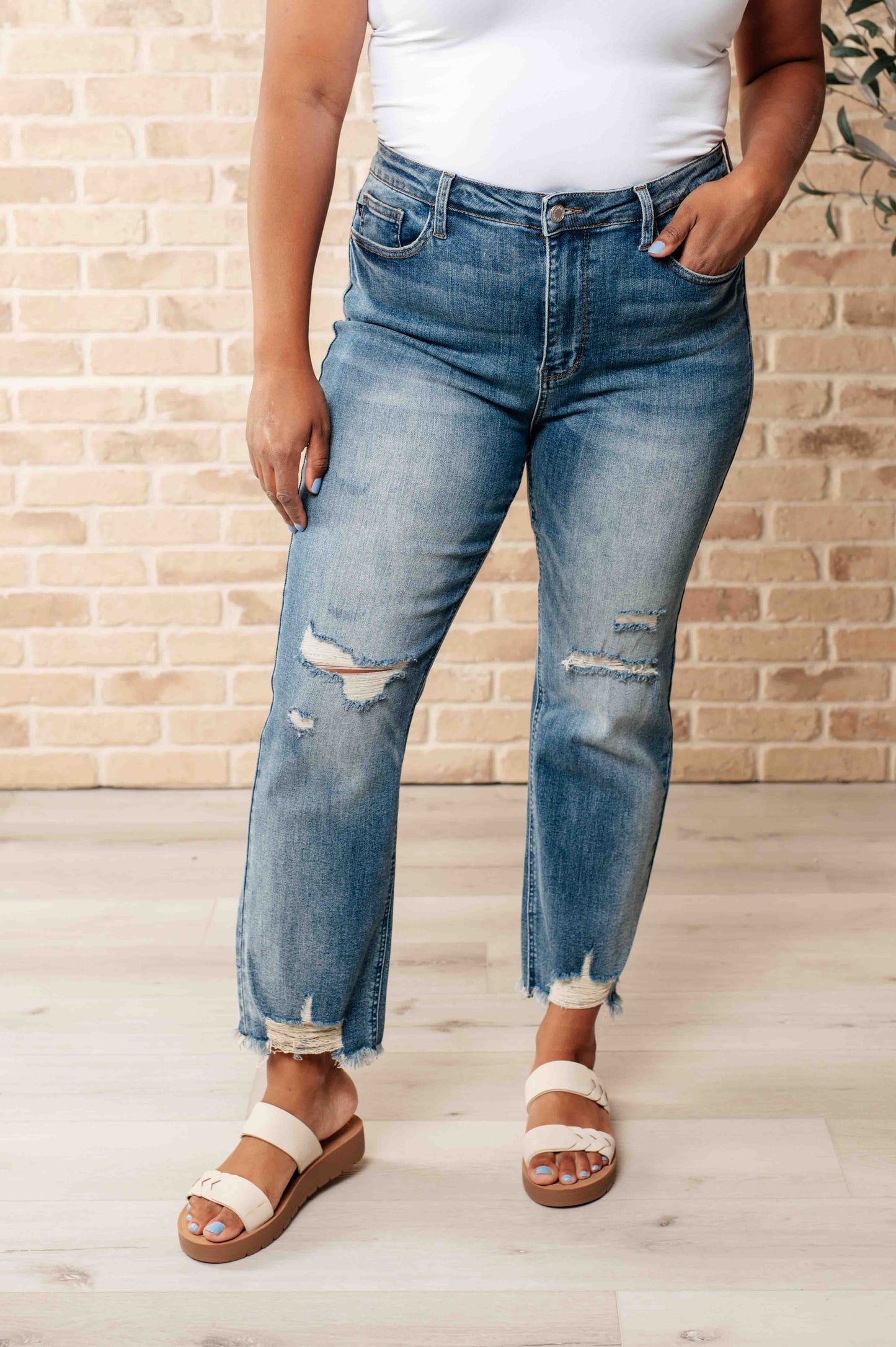 The Crystal- Distressed Crop Straight Leg Judy Blue Jeans