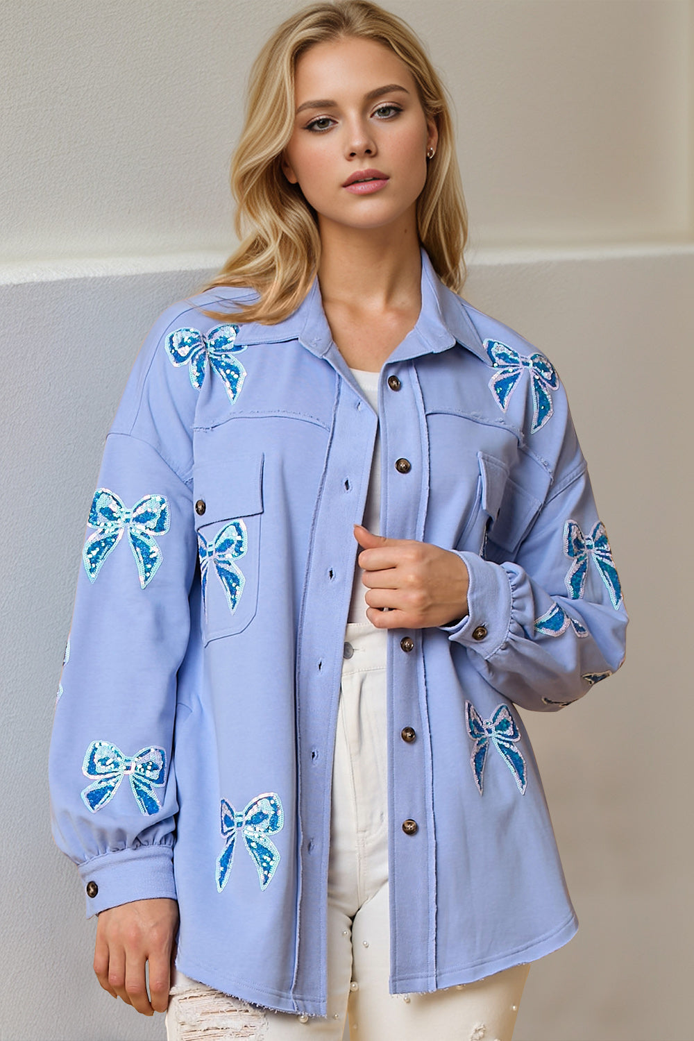 Sequin Bow Button Up Shacket- 2 Colors (Light Blue, Purple)