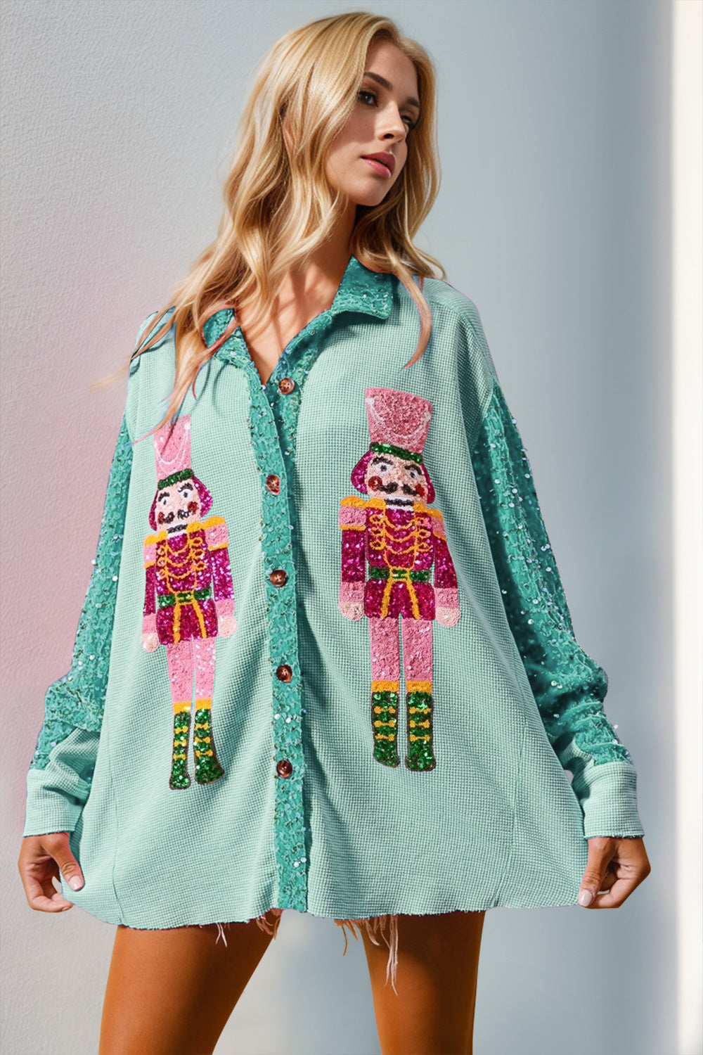 Sequin Nutcracker Button Up Shirt- Tiffany Blue