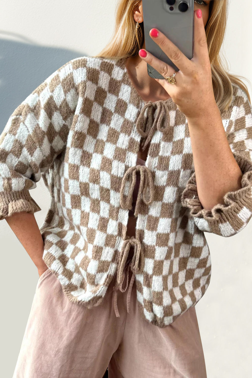 Tied Checkered Dropped Shoulder Cardigan- 7 Colors